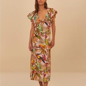 FARM Rio Pink Tropical Parrot Print Midi Dress